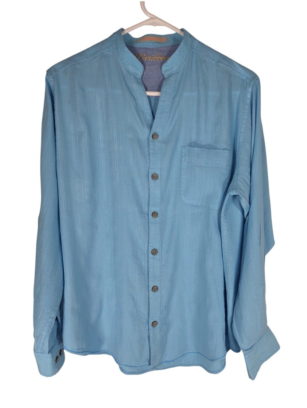 Caribbean Joe Resort Blue Linen Rayon Striped Mandarin Collar Shirt Men's Medium - Picture 5 of 13